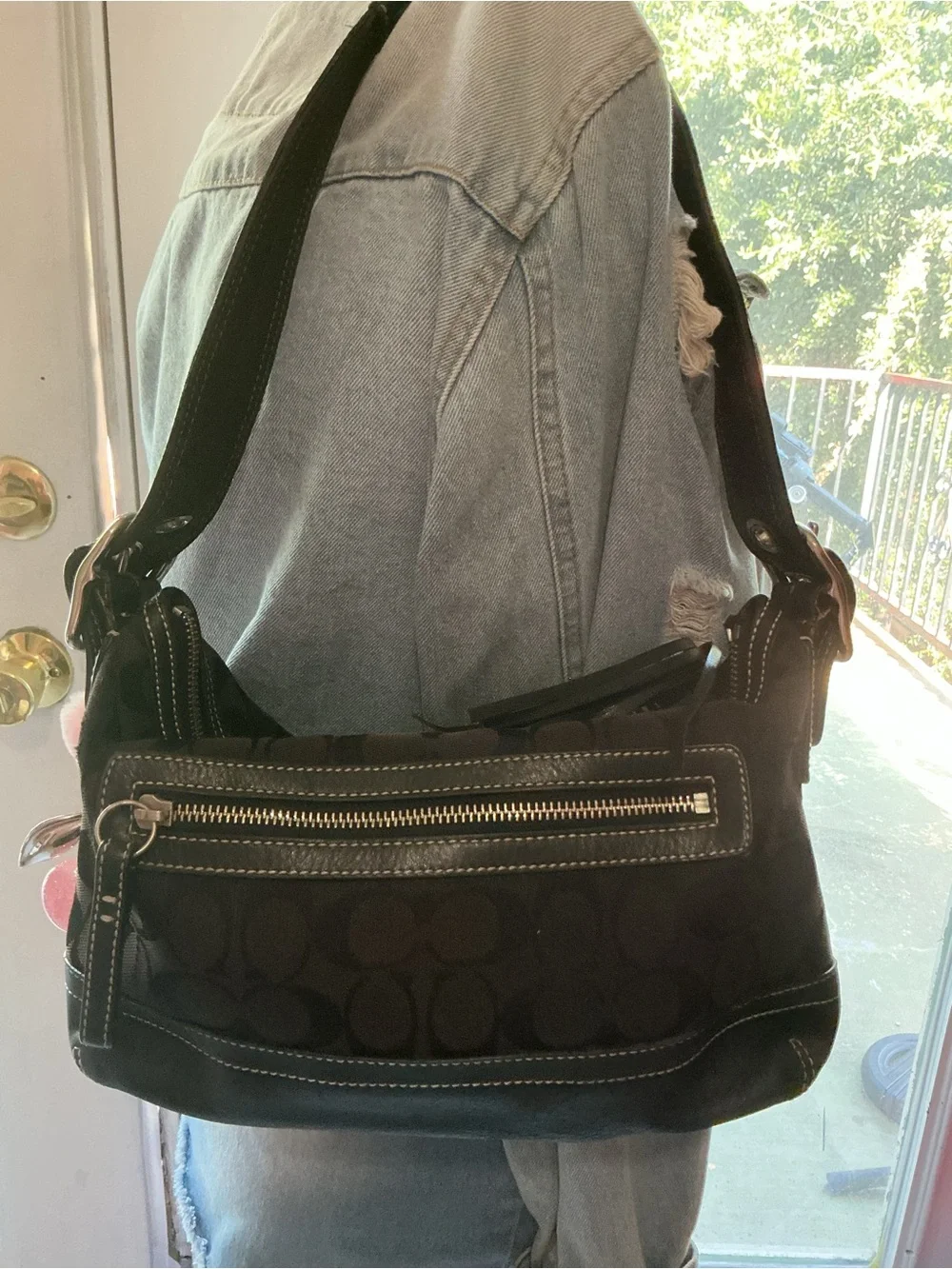 Coach Black Canvas Shoulder Bag with Gold Chain and Pink Accents
